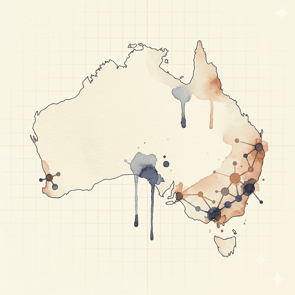 Watercolour map of Australia with a dense mesh of connected nodes across the eastern states and a single isolated node on the south-west coast at Perth
