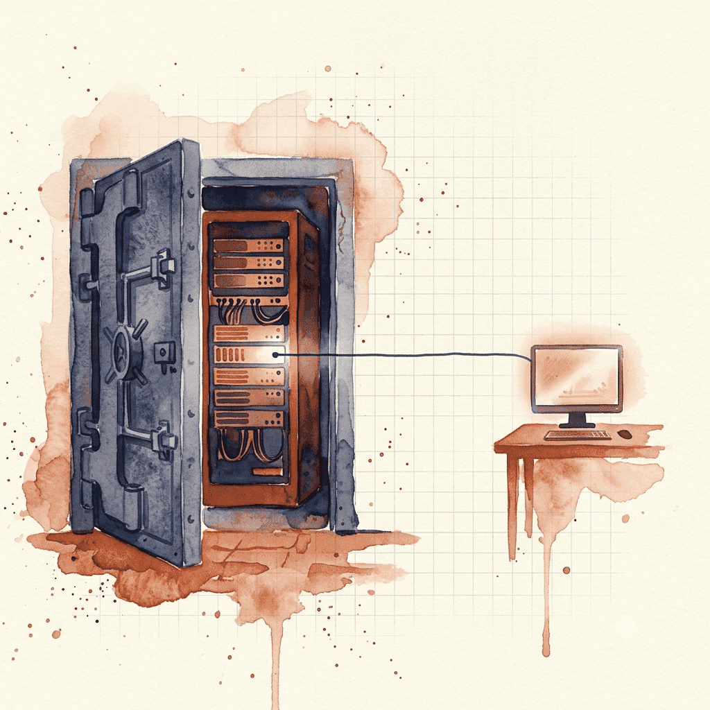 Watercolour of a tall server rack standing behind a heavy, partly open vault-like door, with a single thin line running from the rack through the gap and across open space to a small desk holding a glowing screen, showing a machine that can be reached without anyone walking through the door