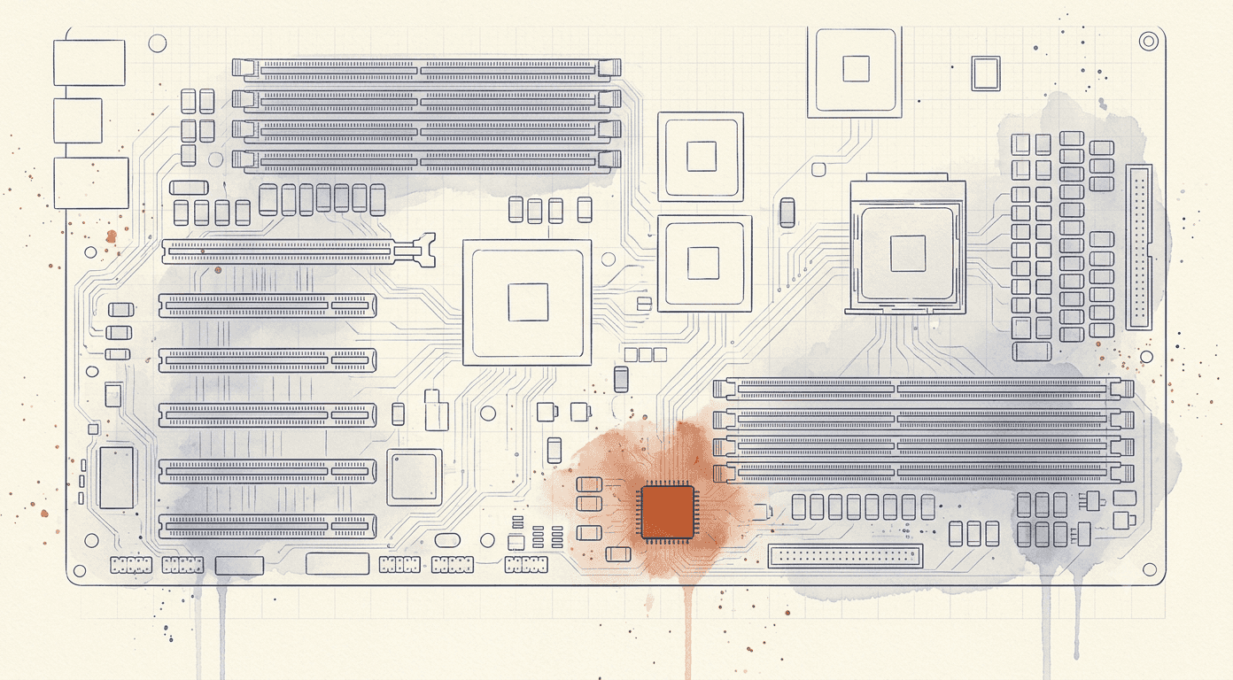 Watercolour of a wide circuit board seen from above, its rows of sockets and components drawn in pale unlit line work, with one small square chip near the lower edge painted solid and glowing warm, showing the one part of the machine that stays powered when the rest of it is off