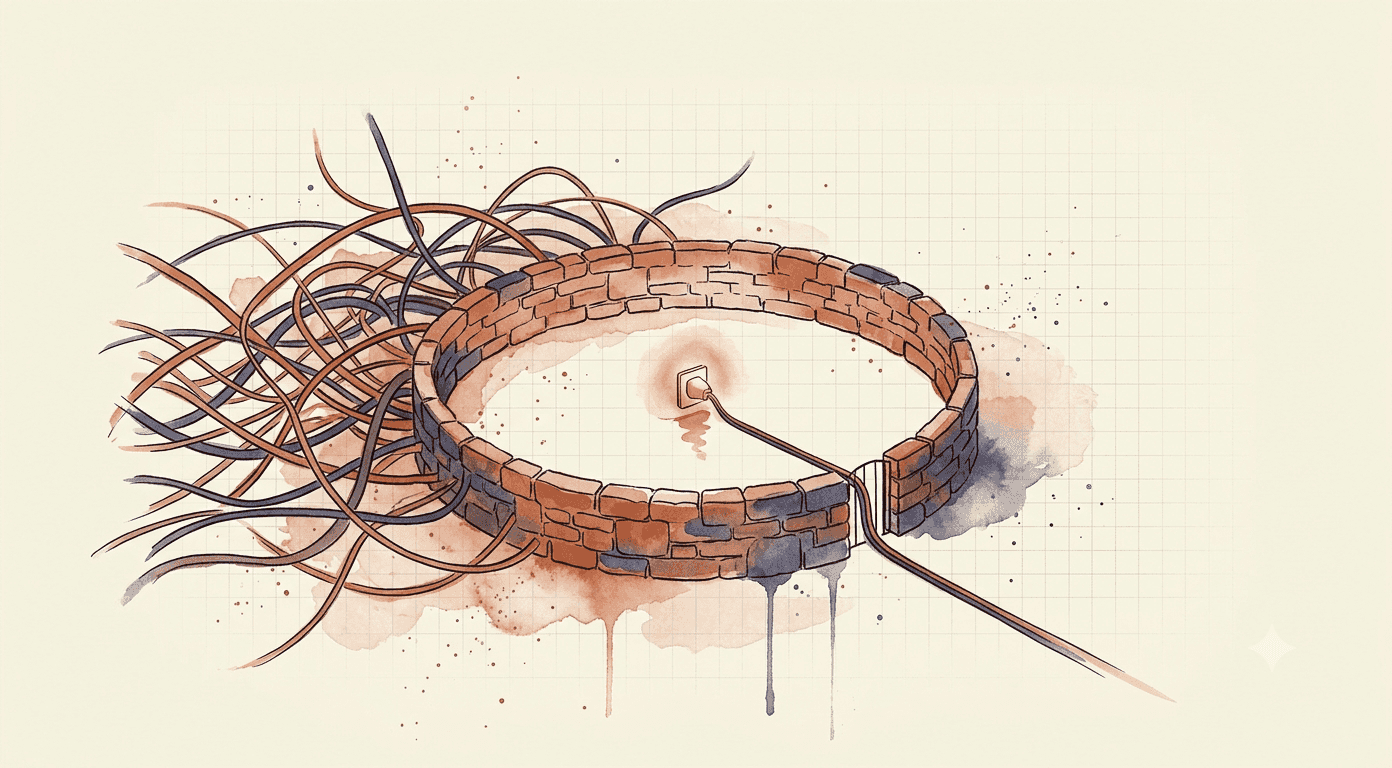 Watercolour of a single electrical socket standing alone inside a low circular brick wall, with a mass of tangled cables crowding the outside of the wall and never crossing it, while one cable runs from the socket out through a narrow gap in the wall, showing a management port kept apart from the open internet