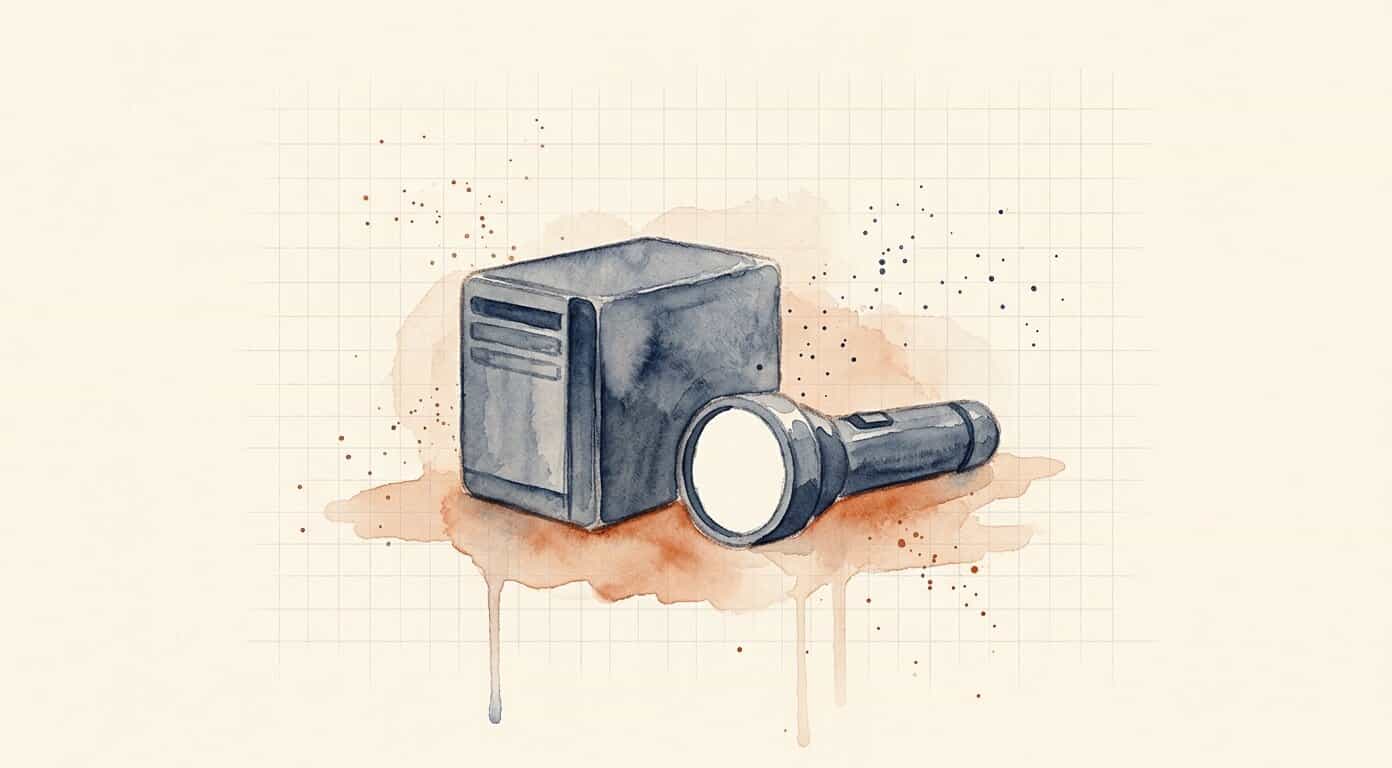 Watercolour of a small server and a hand torch resting side by side on cream paper, both drawn in the same drained grey-blue, showing the machine and the means of reaching it out of action together