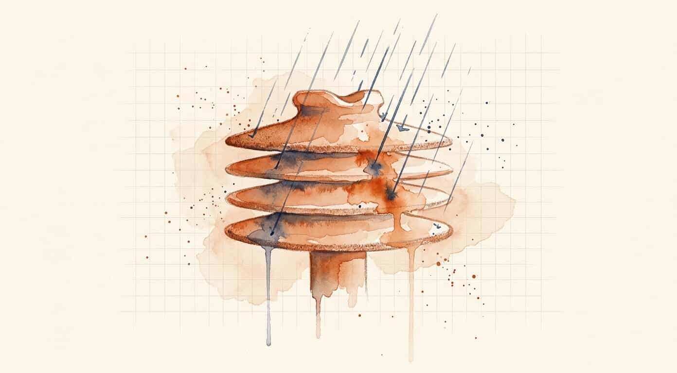Watercolour of a single stacked ceramic insulator alone on cream paper, its discs painted in warm dusty tones, with fine strokes of drizzle falling across it and the colour blooming and running downward where they land