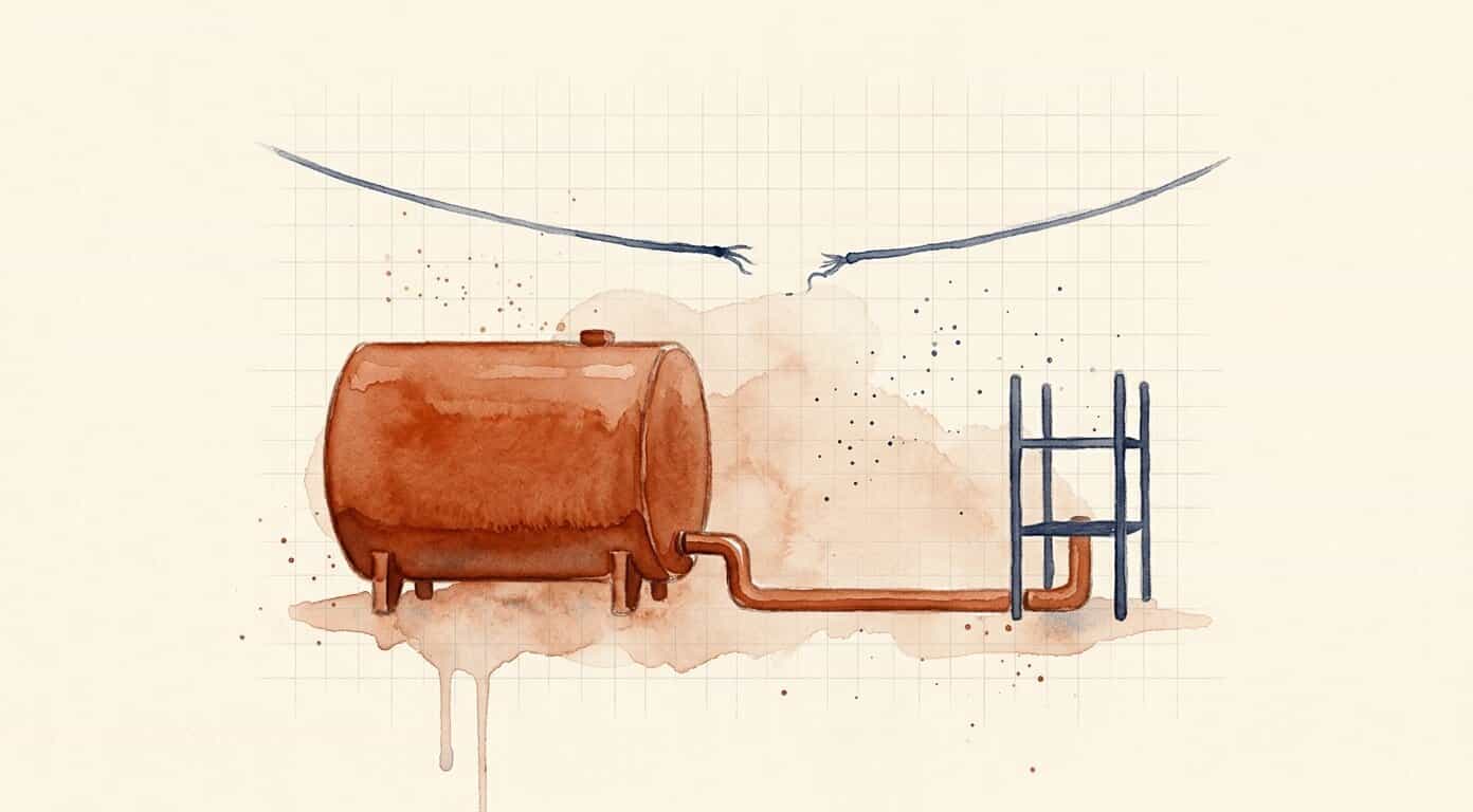 Watercolour of a large fuel tank with a solid pipe running from its base across to an upright server rack, while above them a single power line hangs broken in two, showing a facility carrying its own supply when the grid stops