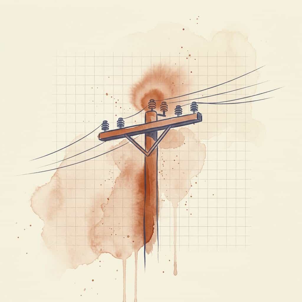 Watercolour of the top of a wooden power pole, its crossarm carrying a row of stacked ceramic insulators with lines running off to each side, and a soft warm bloom of heat spreading behind the insulators where a pole-top fire begins