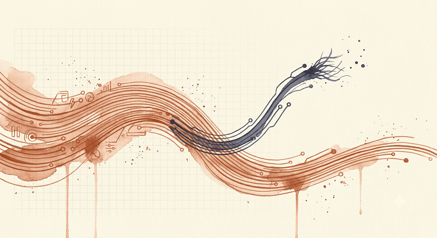 Watercolour illustration of many braided data streams converging into a single dense, concentrated channel