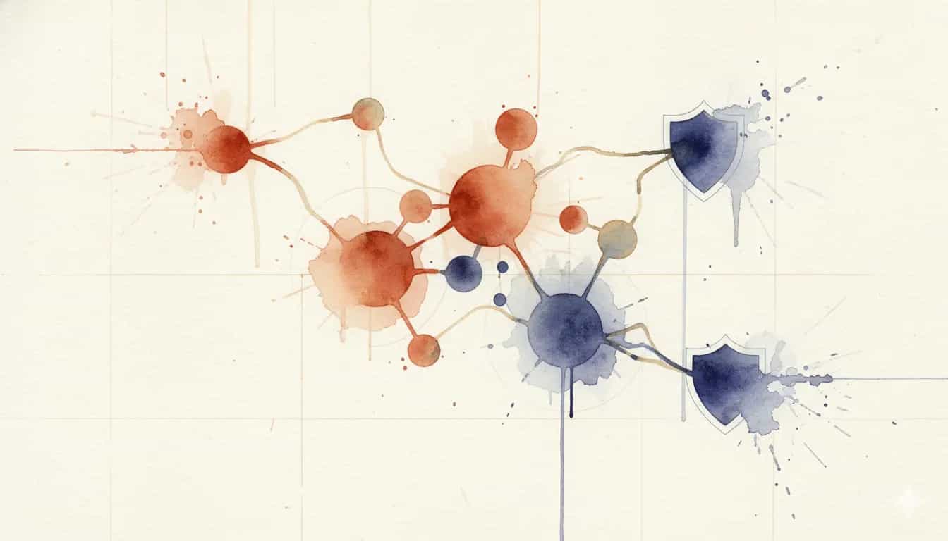 Abstract watercolor of interconnected network nodes with protective shields