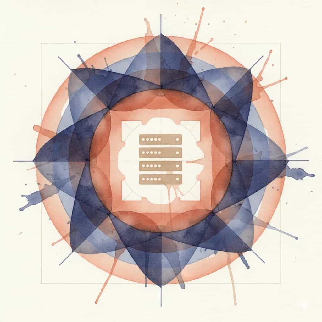 Layered abstract watercolor showing concentric protective zones around server infrastructure