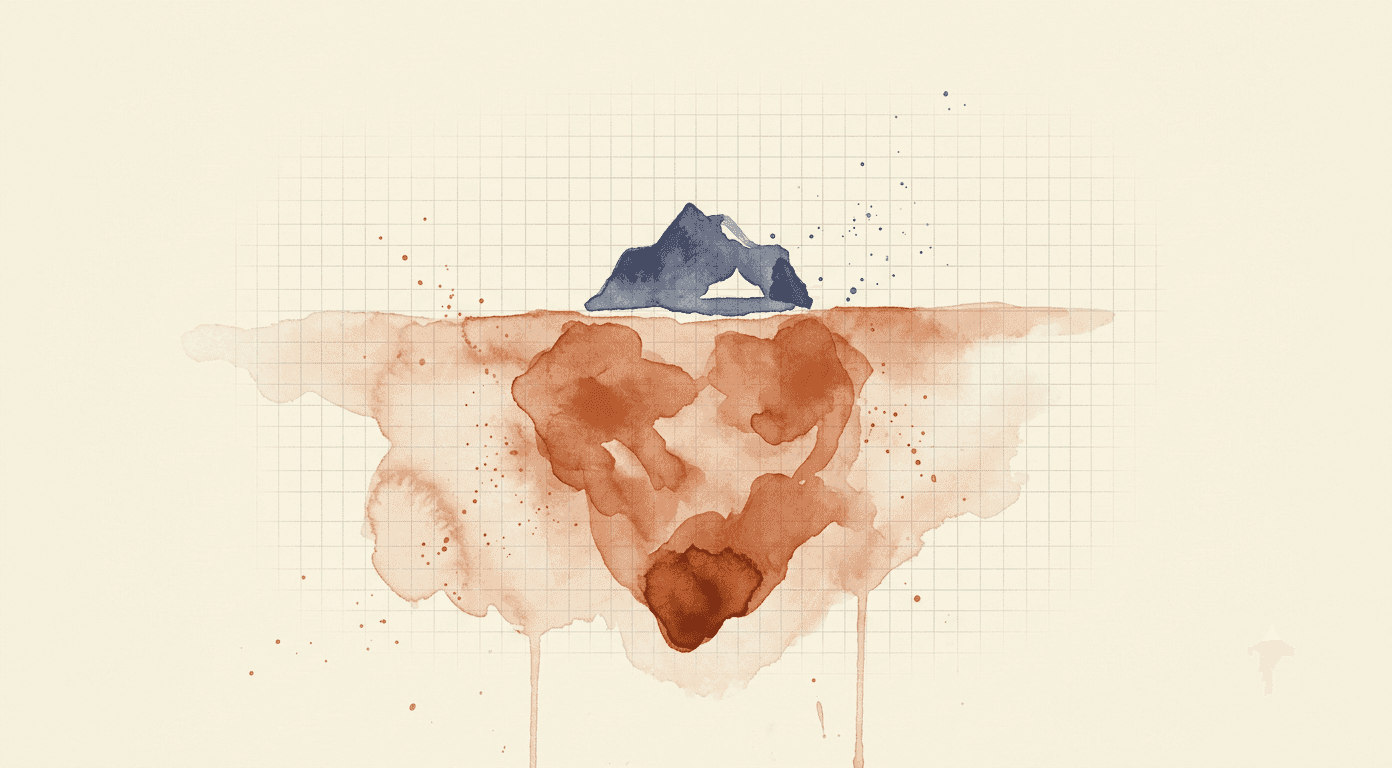 Watercolour of an iceberg with a small tip above the waterline and a much larger mass hidden below the surface, showing the advertised rack price as the small visible part of the true cost