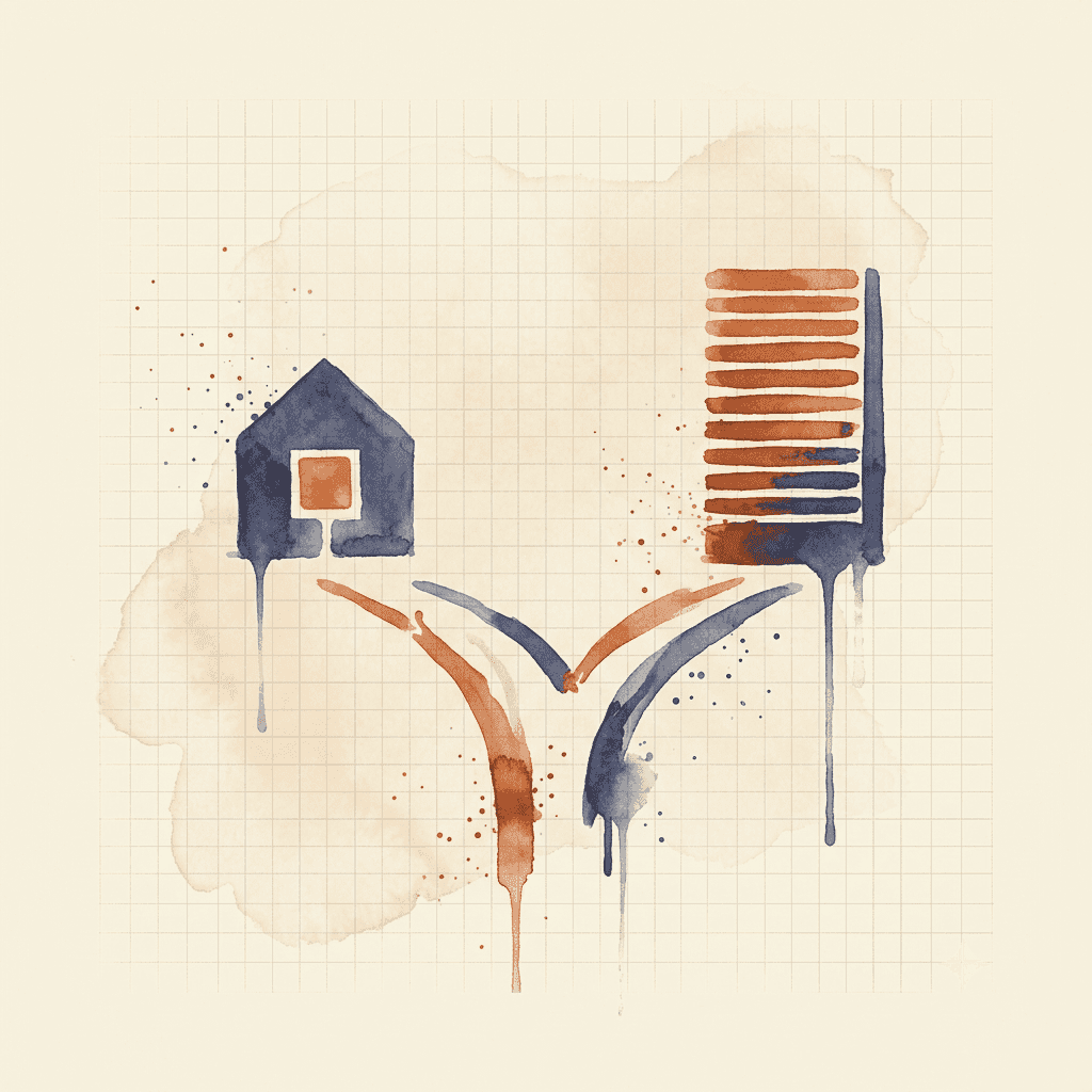 Watercolour of a path forking two ways, one branch leading to a house-like shape holding a small square that reads as a server, the other to a tall stack of lines that reads as a rack of servers