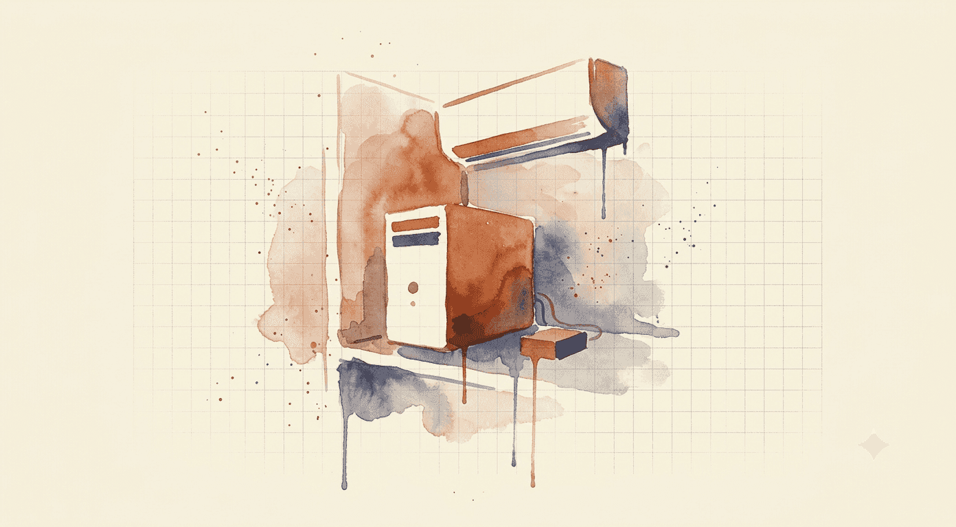 Watercolour of a boxy shape that reads as a small server in a loosely sketched nook, with an angled split-system air conditioner above it and a small power-supply block beside it
