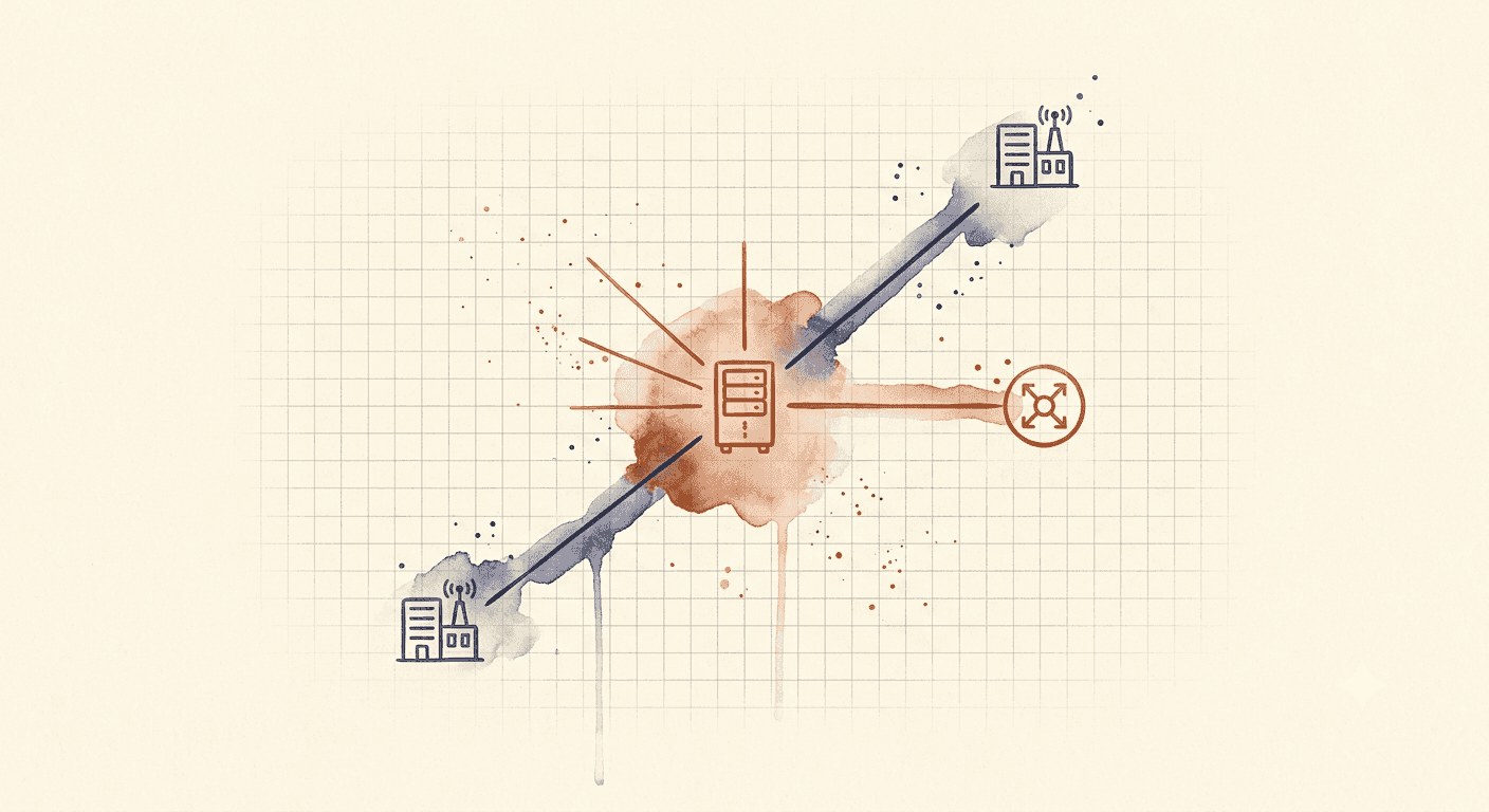 Watercolour of a server at the centre of a network, linked by redundant lines to multiple hubs, suggesting the resilient infrastructure a data centre plugs your equipment into