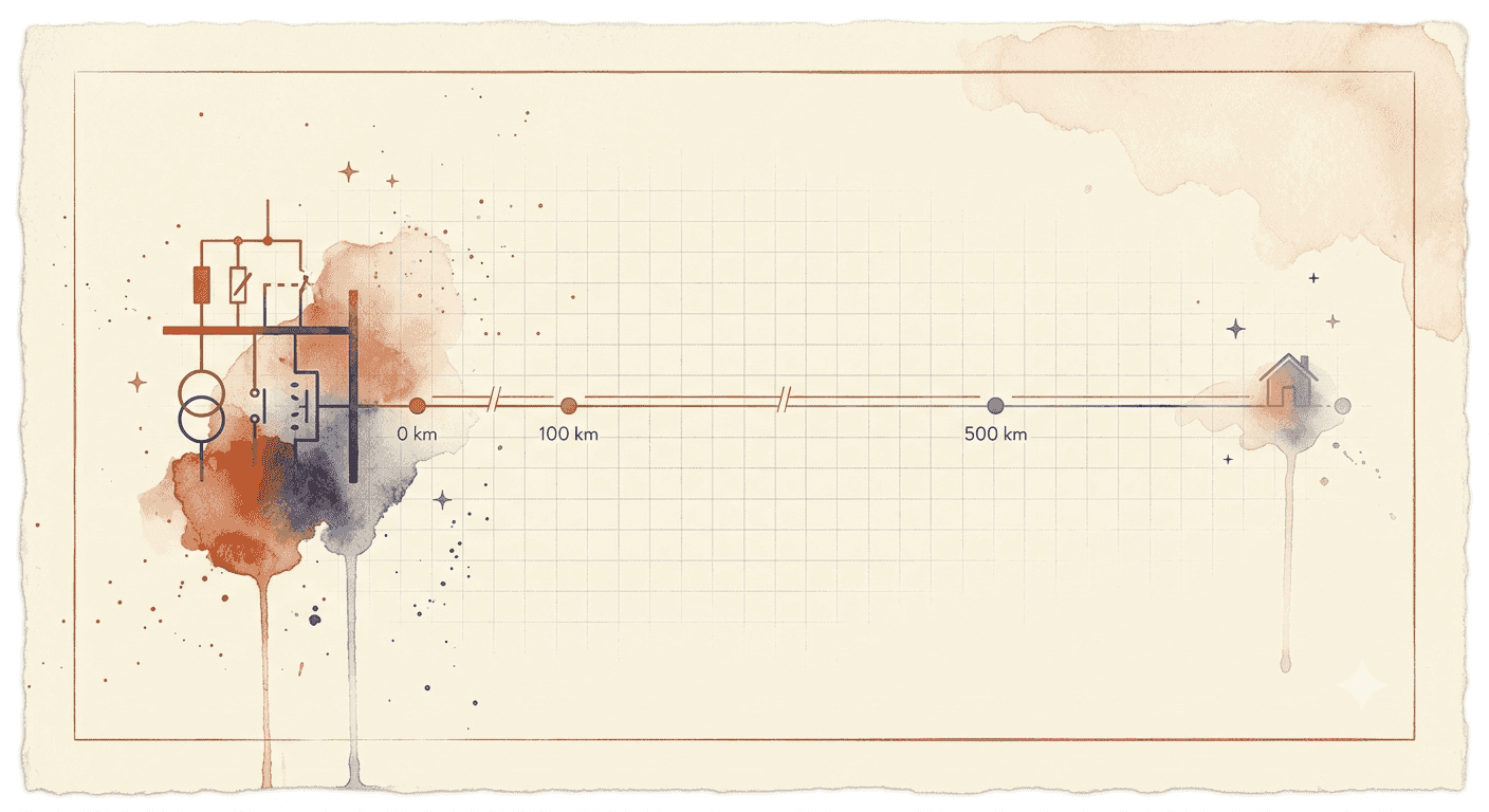 Watercolour diagram of a single power line running from a substation past markers at 0, 100 and 500 kilometres to one distant house, illustrating a long radial feeder