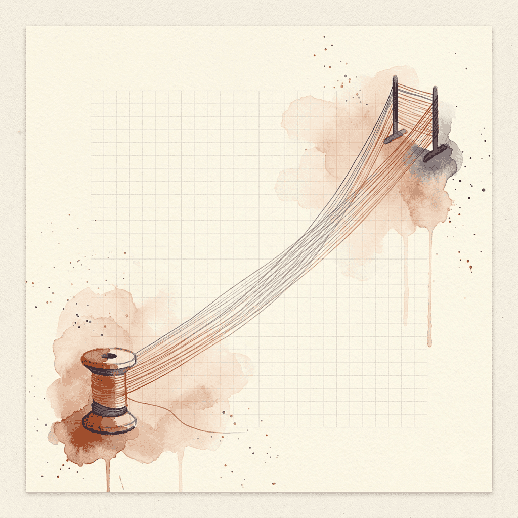 Watercolour of a nearly empty spool of thread whose single strand crosses a wide space to a distant rack and back many times, the loops stacking into a woven band, showing how much distance one day of ordinary back and forth uses up