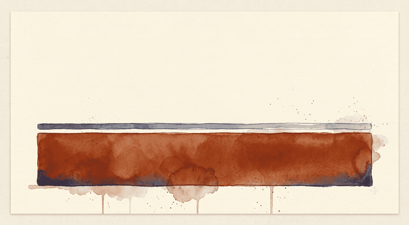 Watercolour of one thick solid horizontal band low in the frame with a single thin sliver resting on top of it and open space above, showing a large fixed floor and only a small adjustable layer above it