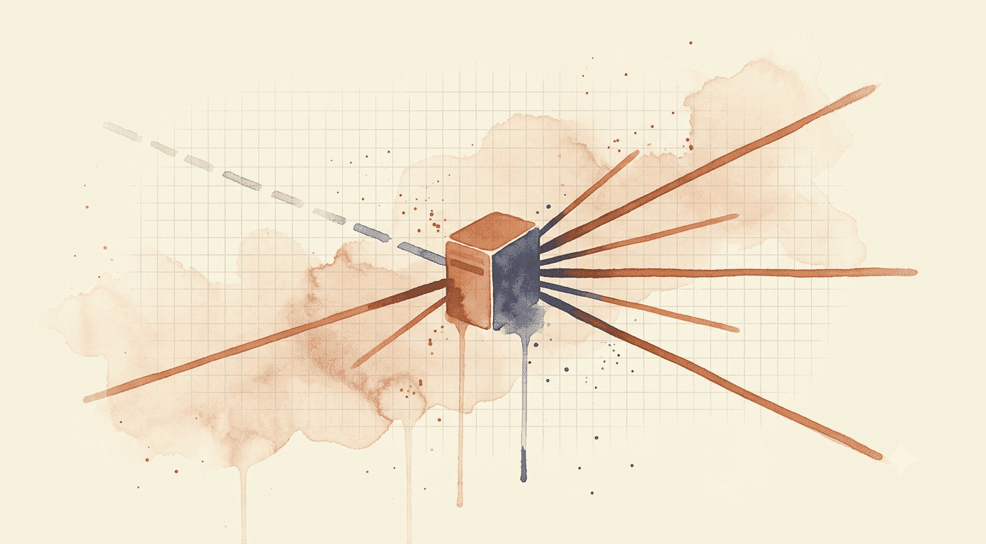 Watercolour of a single server-like shape with several separate lines fanning out from it in different directions to the edges of the frame, one line faded and broken while the others stay strong, showing traffic still has other paths when one fails