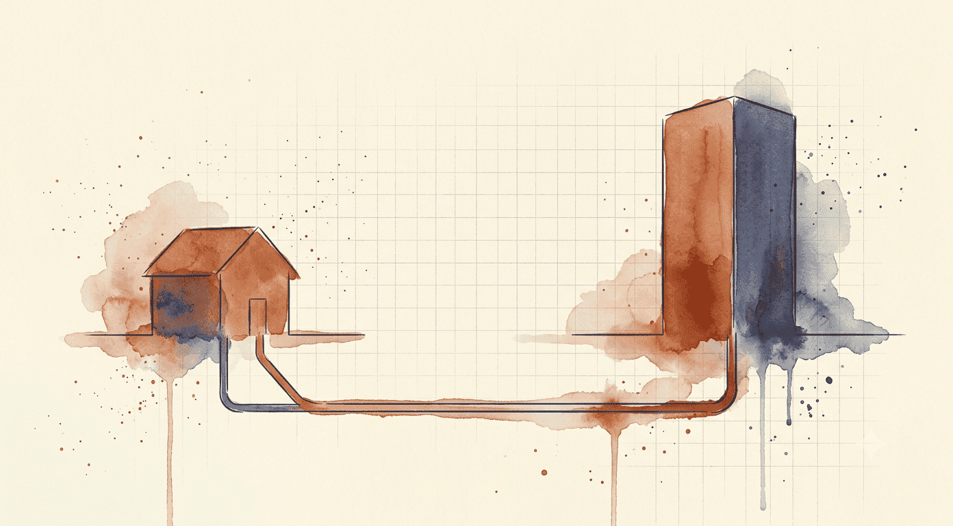 Watercolour of two very different buildings, a small house-like office on one side and a tall data-centre hall on the other, each with a line running down to a single shared pipe beneath them both, showing they depend on the same one path out