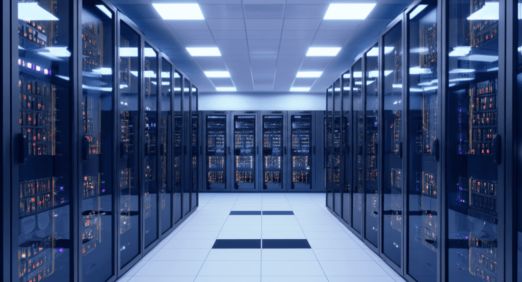 A modern data centre interior with rows of server racks