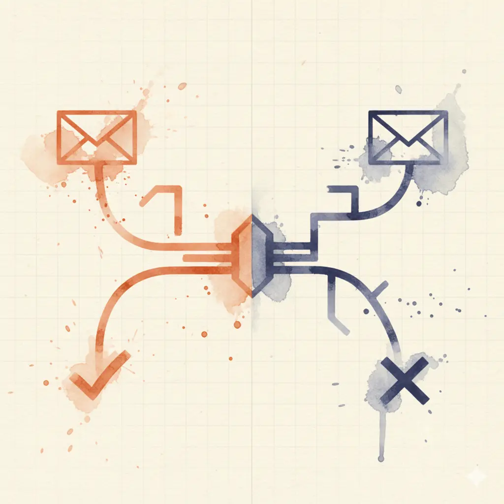 Abstract watercolor showing diverging communication paths with flowing and blocked elements