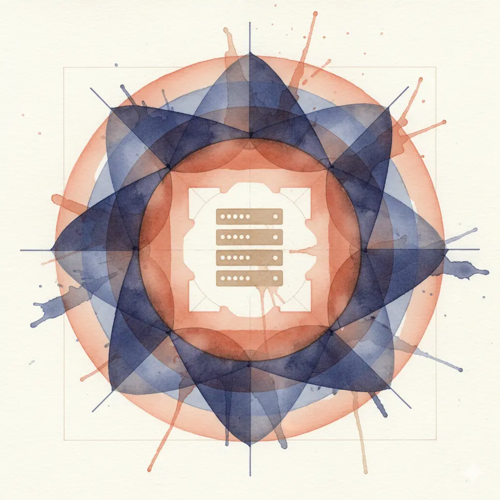 Layered abstract watercolor showing concentric protective zones around server infrastructure