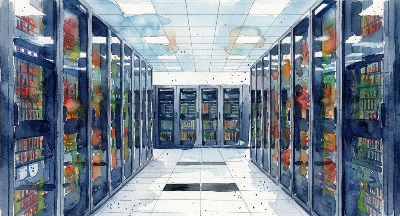 Watercolor illustration of a data centre server room